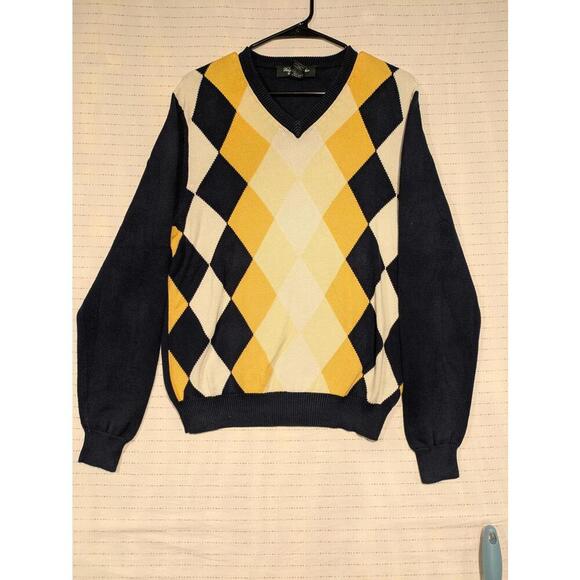 Brooks Brothers Country Club Men's Argyle V-Neck Sweater - Yellow & Navy - Picture 2 of 9